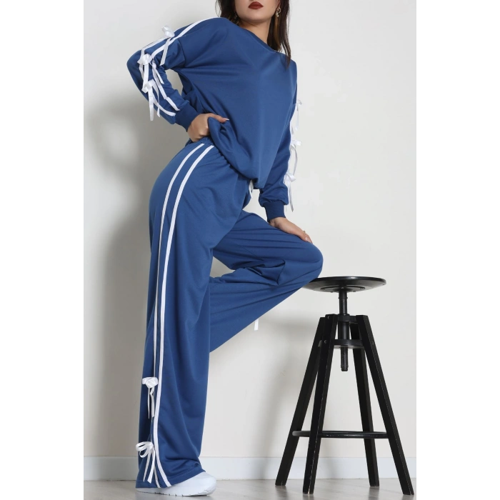 Özel Tasarım İki İplik Kurdele Detay Eşofman Takım İndigo - 70164.1857.