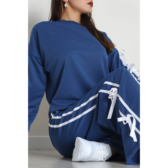 Özel Tasarım İki İplik Kurdele Detay Eşofman Takım İndigo - 70164.1857.