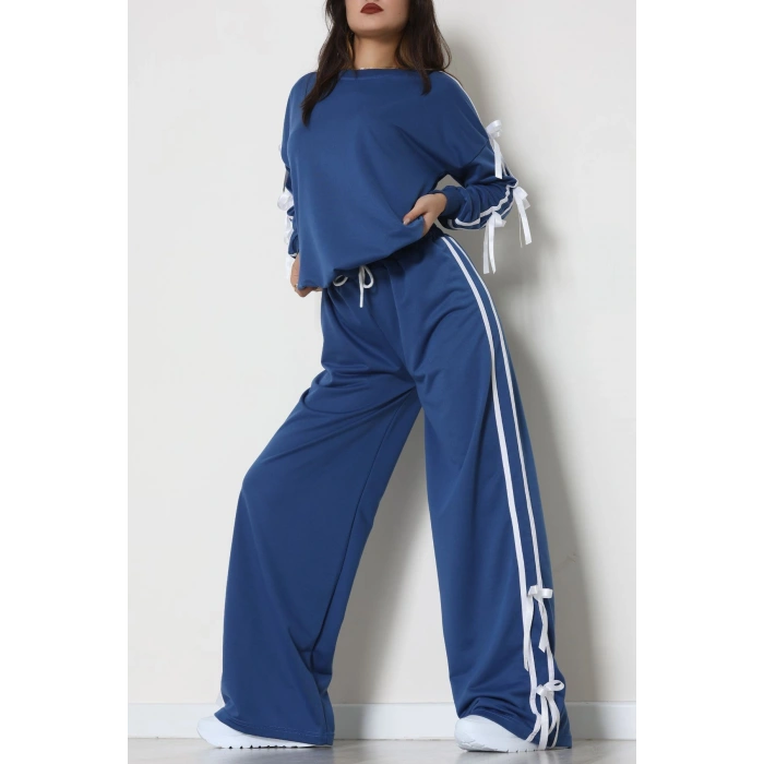 Özel Tasarım İki İplik Kurdele Detay Eşofman Takım İndigo - 70164.1857.