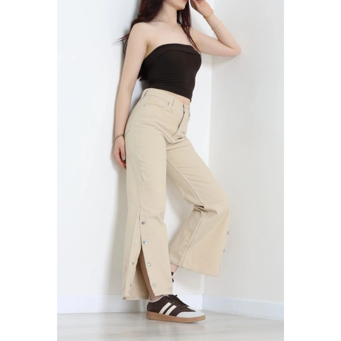 Paça Çıtçıtlı Palazzo Kot Pantolon Taş - 410390.2141.