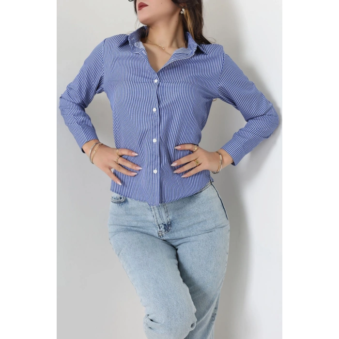 Pamuk Polyester Çizgili Gömlek Açıkmavibeyaz1 - 51064.147.