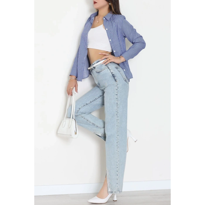 Pamuk Polyester Çizgili Gömlek Açıkmavibeyaz1 - 51064.147.