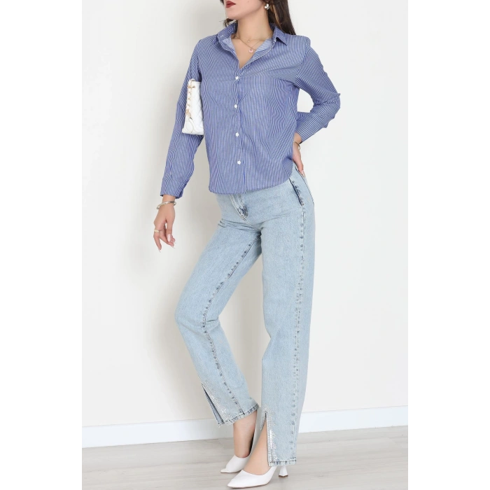 Pamuk Polyester Çizgili Gömlek Açıkmavibeyaz1 - 51064.147.