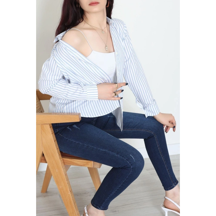 Pamuk Polyester Çizgili Gömlek Açıkmavibeyaz3 - 51064.147.