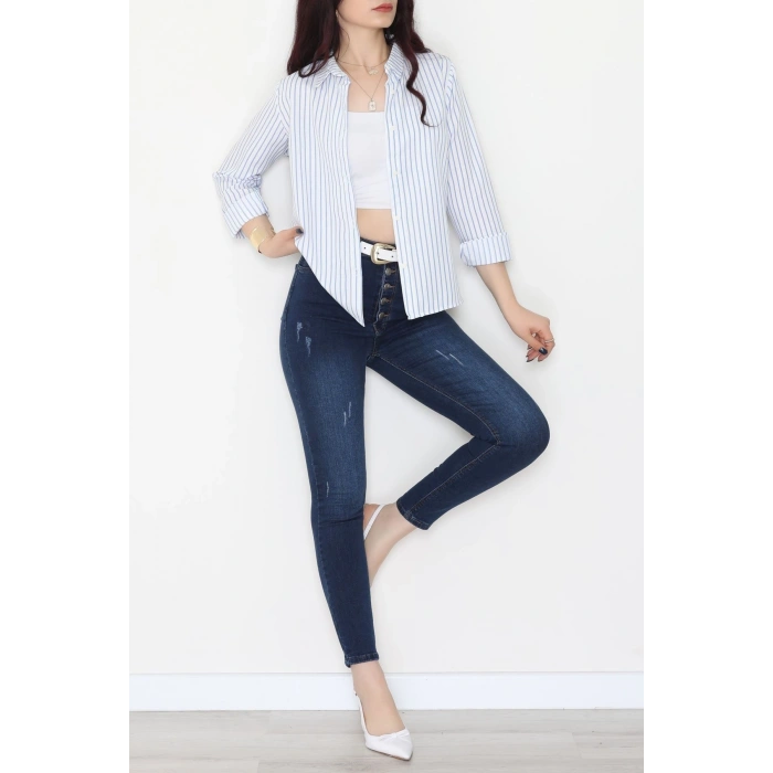 Pamuk Polyester Çizgili Gömlek Açıkmavibeyaz3 - 51064.147.