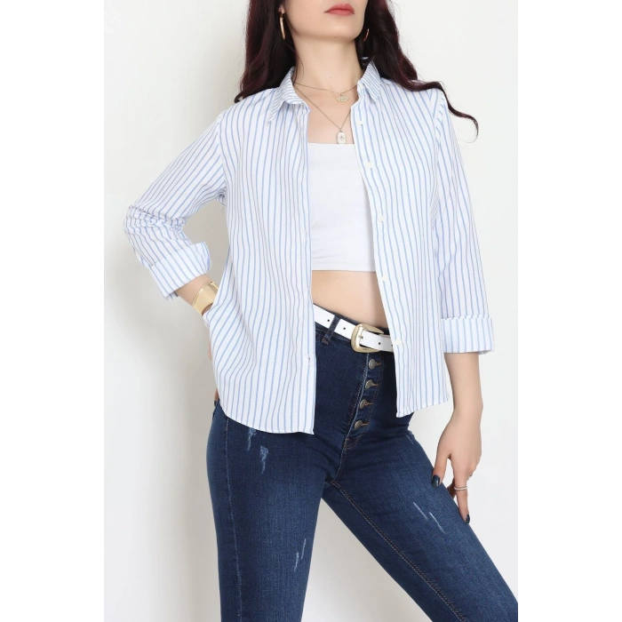Pamuk Polyester Çizgili Gömlek Açıkmavibeyaz3 - 51064.147.