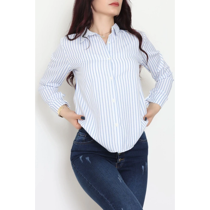 Pamuk Polyester Çizgili Gömlek Açıkmavibeyaz3 - 51064.147.