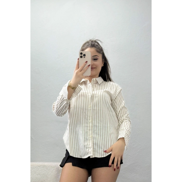 Pamuk Polyester Çizgili Gömlek Bejbeyaz - 51064.147.