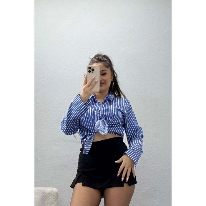 Pamuk Polyester Çizgili Gömlek Koyumavibeyaz - 51064.147.