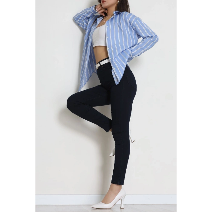 Pamuk Polyester Çizgili Oversize Gömlek Açıkmavi - 51052.147.