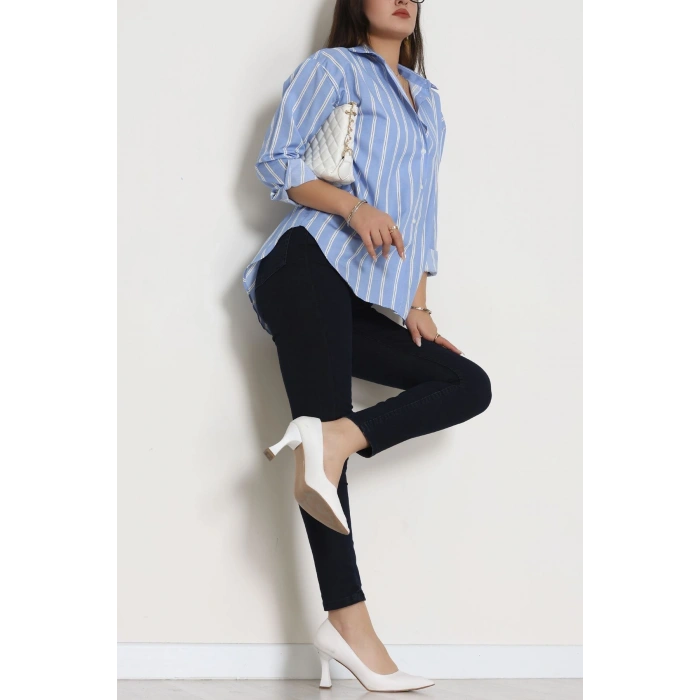 Pamuk Polyester Çizgili Oversize Gömlek Açıkmavi - 51052.147.