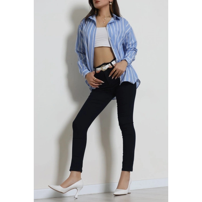 Pamuk Polyester Çizgili Oversize Gömlek Açıkmavi - 51052.147.