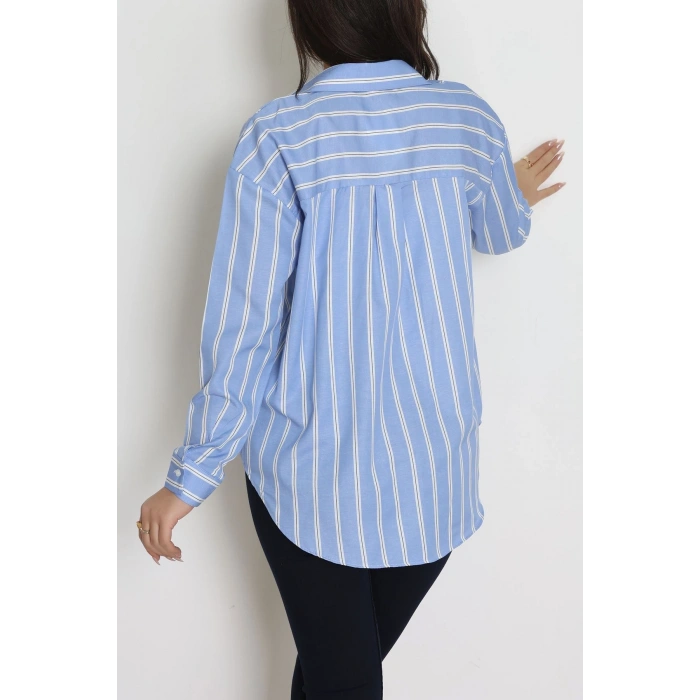Pamuk Polyester Çizgili Oversize Gömlek Açıkmavi - 51052.147.