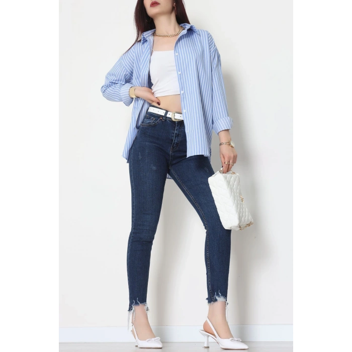 Pamuk Polyester Çizgili Oversize Gömlek Açıkmavibeyaz - 51052.147.