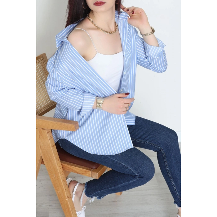 Pamuk Polyester Çizgili Oversize Gömlek Açıkmavibeyaz - 51052.147.
