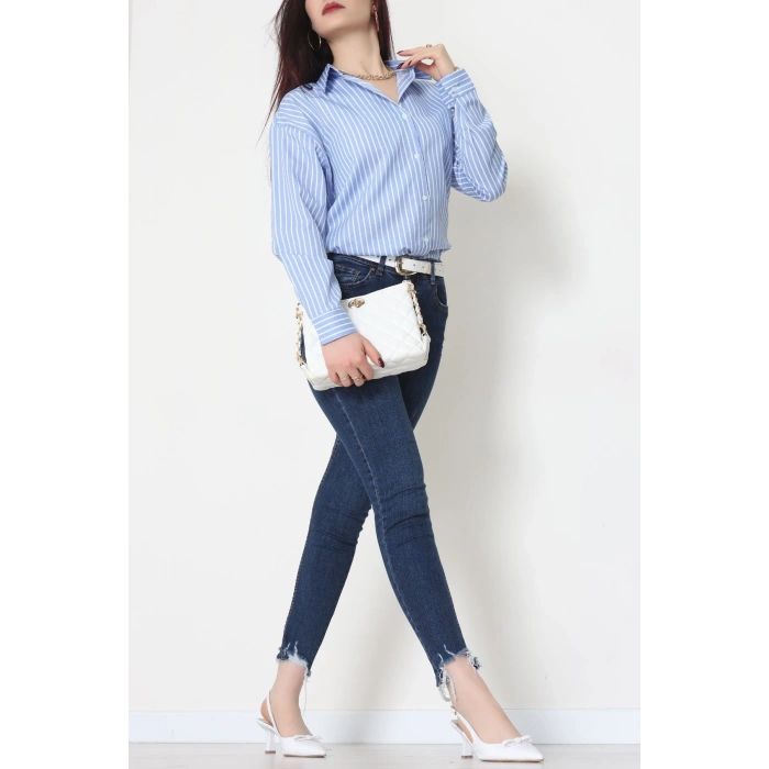 Pamuk Polyester Çizgili Oversize Gömlek Açıkmavibeyaz - 51052.147.