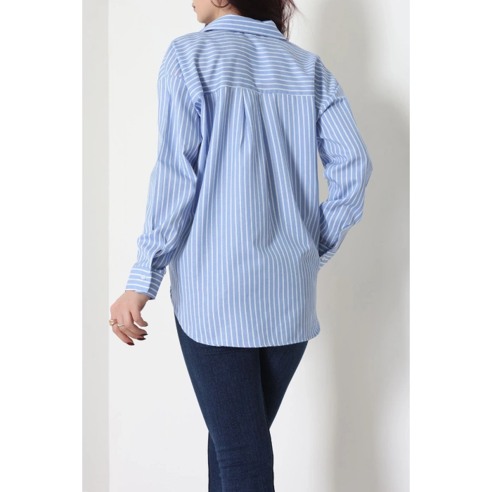 Pamuk Polyester Çizgili Oversize Gömlek Açıkmavibeyaz - 51052.147.
