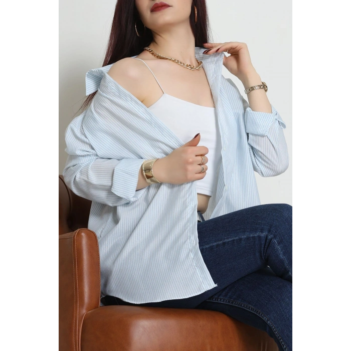 Pamuk Polyester Çizgili Oversize Gömlek Bebemavi - 51052.147.