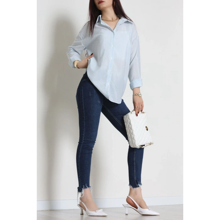 Pamuk Polyester Çizgili Oversize Gömlek Bebemavi - 51052.147.