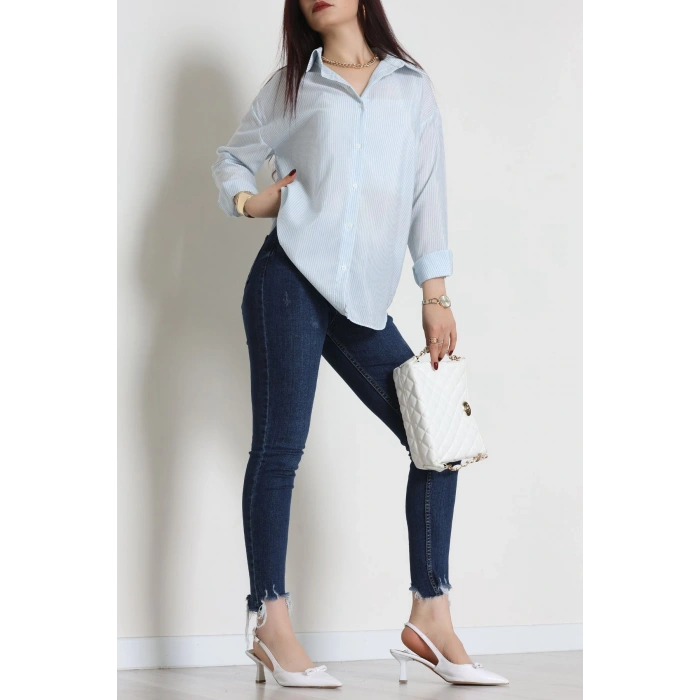 Pamuk Polyester Çizgili Oversize Gömlek Bebemavi - 51052.147.
