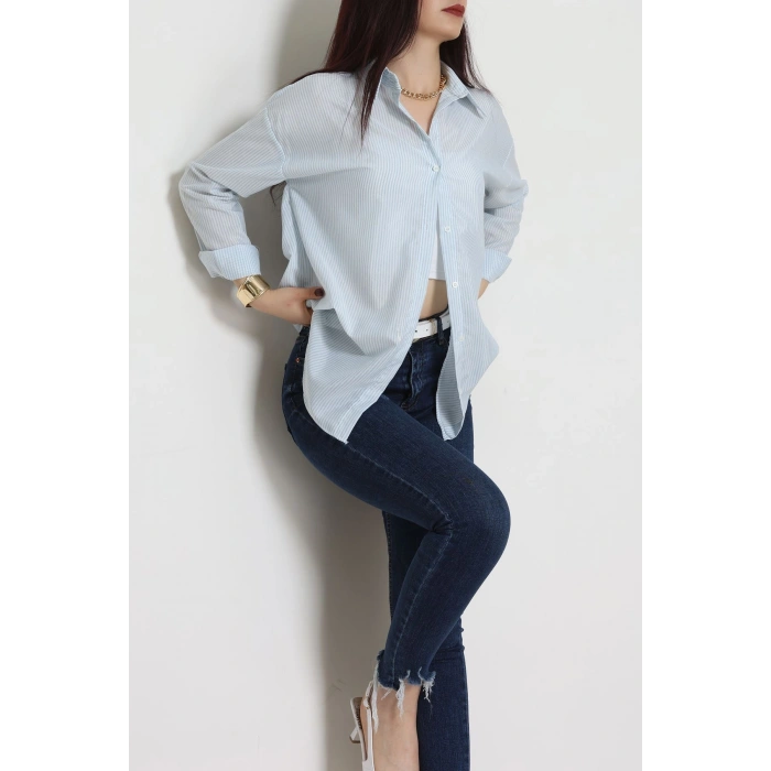 Pamuk Polyester Çizgili Oversize Gömlek Bebemavi - 51052.147.