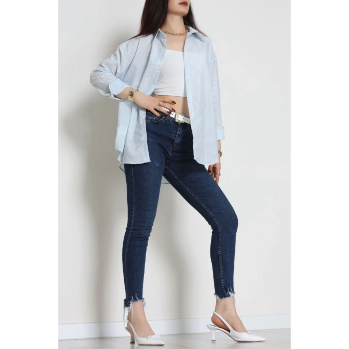 Pamuk Polyester Çizgili Oversize Gömlek Bebemavi - 51052.147.