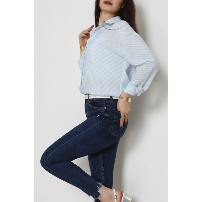 Pamuk Polyester Çizgili Oversize Gömlek Bebemavi - 51052.147.