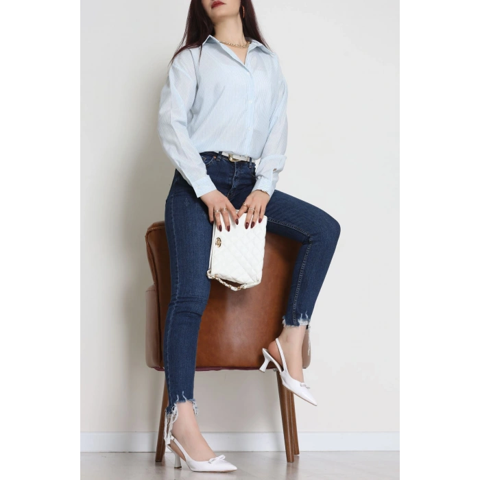 Pamuk Polyester Çizgili Oversize Gömlek Bebemavi - 51052.147.