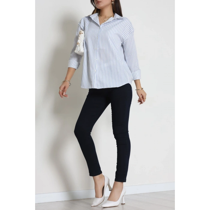 Pamuk Polyester Çizgili Oversize Gömlek Beyazmavi - 51052.147.