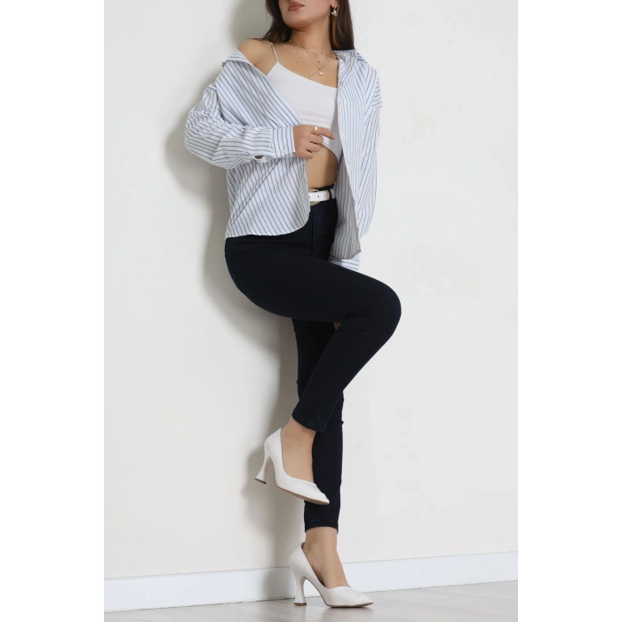 Pamuk Polyester Çizgili Oversize Gömlek Beyazmavi - 51052.147.