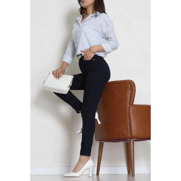 Pamuk Polyester Çizgili Oversize Gömlek Beyazmavi - 51052.147.