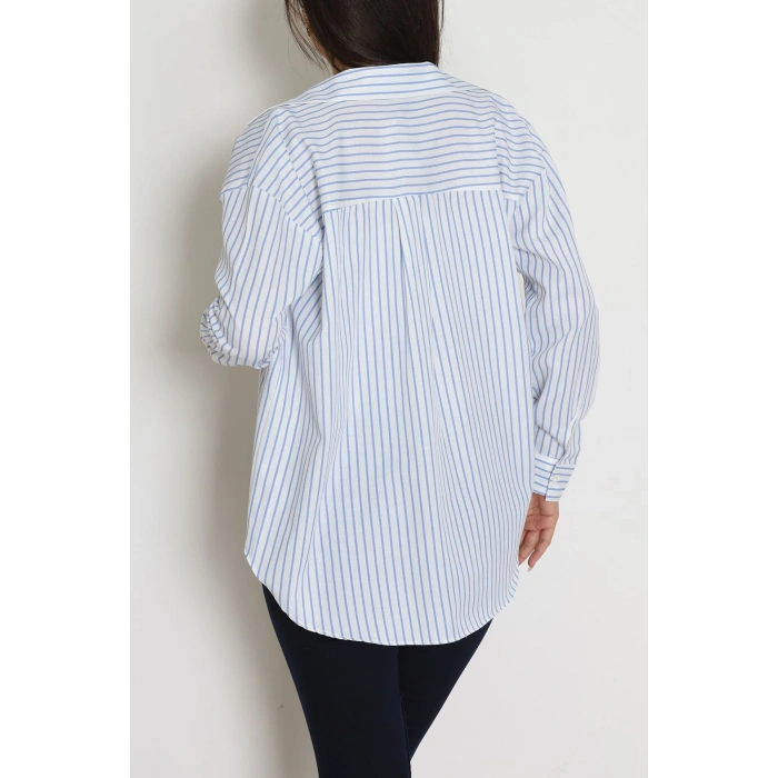 Pamuk Polyester Çizgili Oversize Gömlek Beyazmavi - 51052.147.