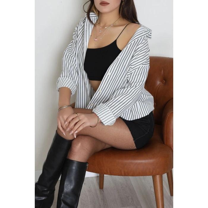 Pamuk Polyester Çizgili Oversize Gömlek Beyazsiyah - 51052.147.
