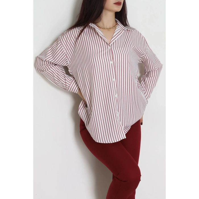 Pamuk Polyester Çizgili Oversize Gömlek Bordobeyaz - 51052.147.