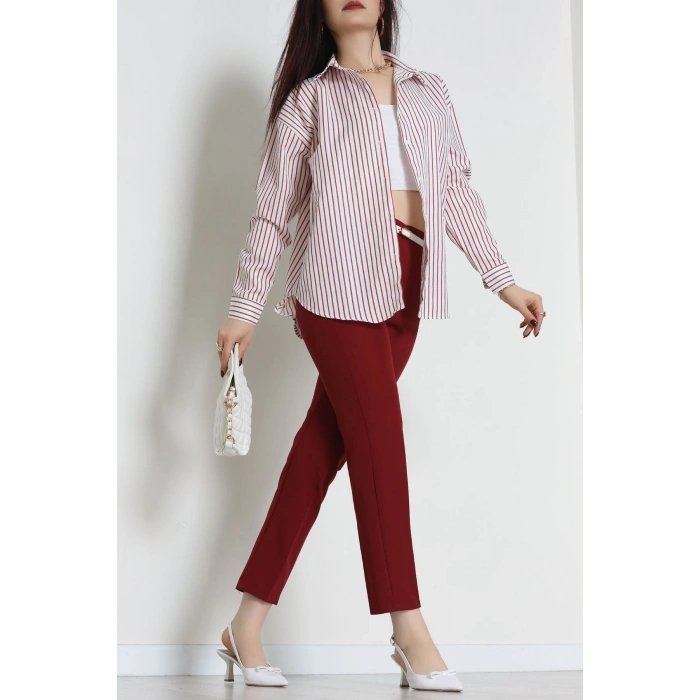 Pamuk Polyester Çizgili Oversize Gömlek Bordobeyaz - 51052.147.