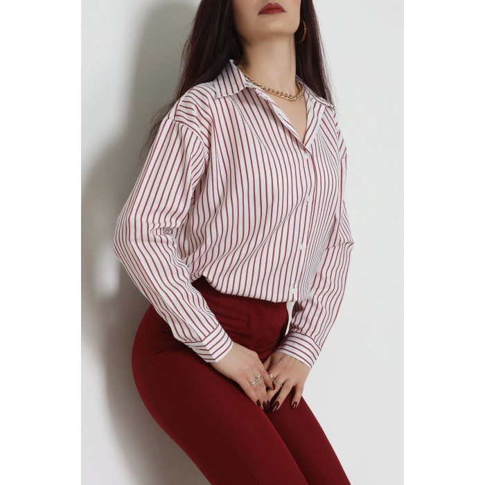 Pamuk Polyester Çizgili Oversize Gömlek Bordobeyaz - 51052.147.