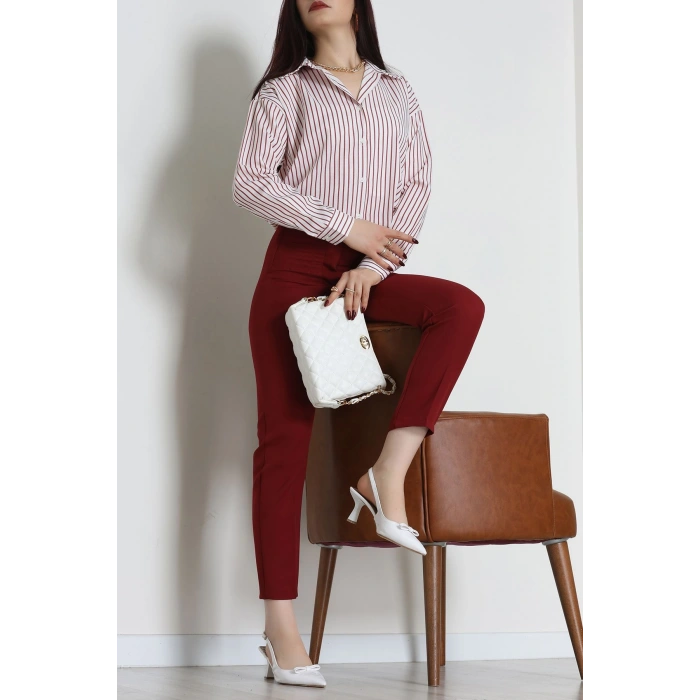 Pamuk Polyester Çizgili Oversize Gömlek Bordobeyaz - 51052.147.