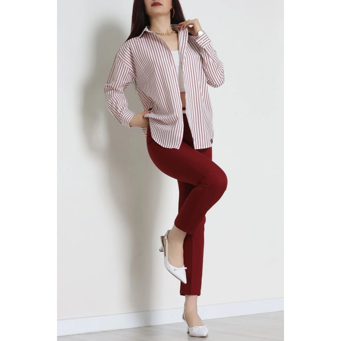 Pamuk Polyester Çizgili Oversize Gömlek Bordobeyaz - 51052.147.