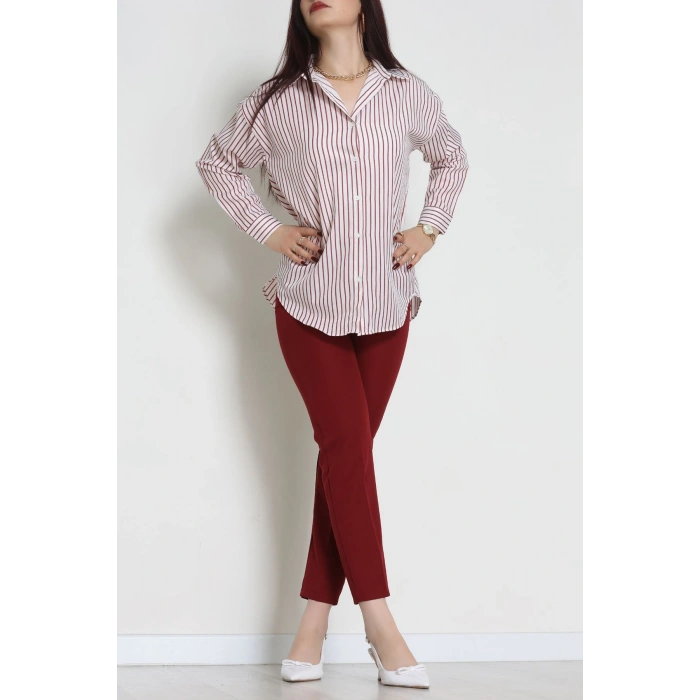 Pamuk Polyester Çizgili Oversize Gömlek Bordobeyaz - 51052.147.