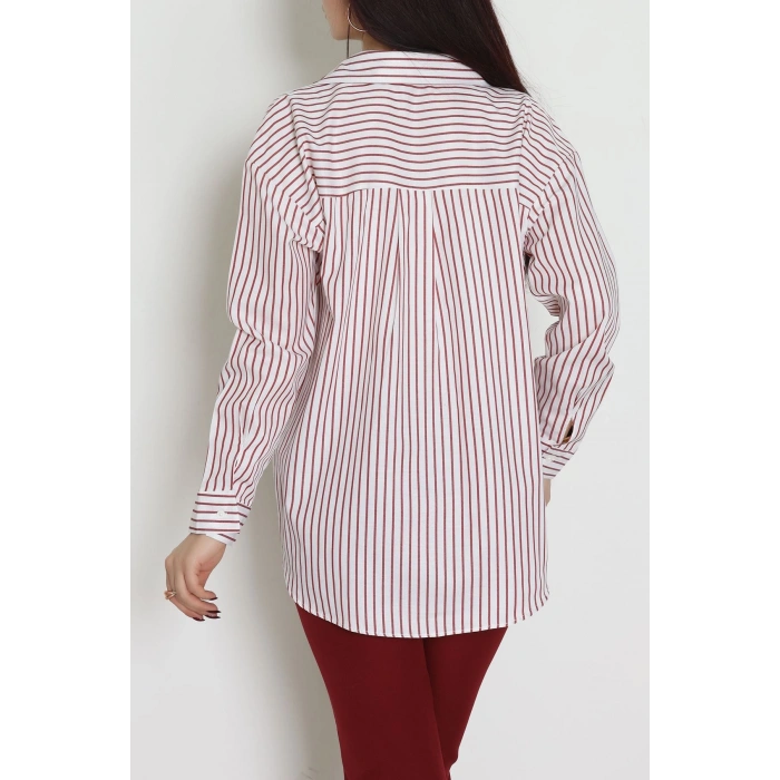 Pamuk Polyester Çizgili Oversize Gömlek Bordobeyaz - 51052.147.
