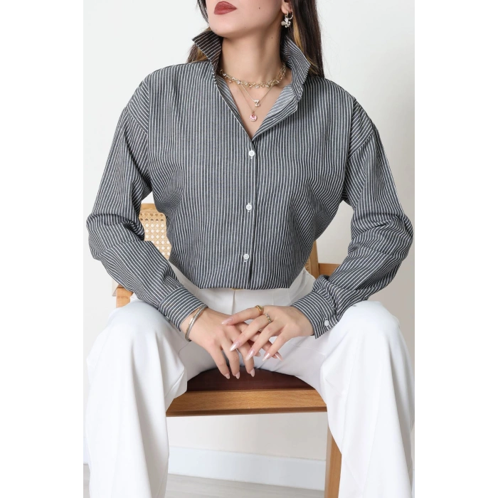 Pamuk Polyester Çizgili Oversize Gömlek Füme - 51052.147.