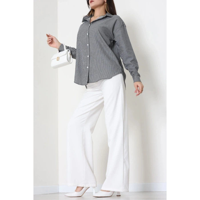 Pamuk Polyester Çizgili Oversize Gömlek Füme - 51052.147.