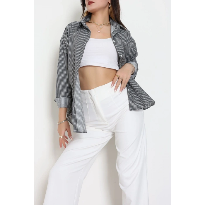 Pamuk Polyester Çizgili Oversize Gömlek Füme - 51052.147.