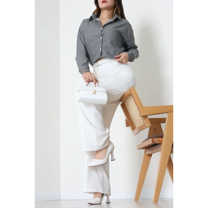 Pamuk Polyester Çizgili Oversize Gömlek Füme - 51052.147.