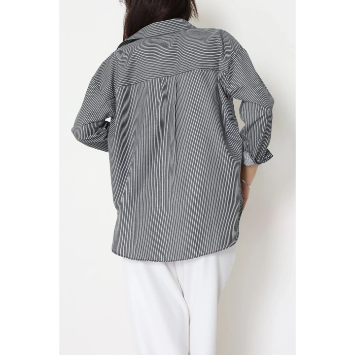 Pamuk Polyester Çizgili Oversize Gömlek Füme - 51052.147.