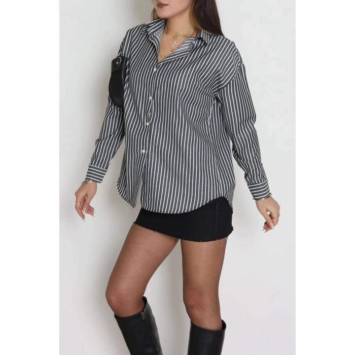 Pamuk Polyester Çizgili Oversize Gömlek Fümebeyaz - 51052.147.