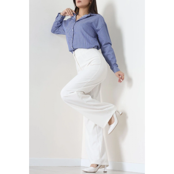 Pamuk Polyester Çizgili Oversize Gömlek Koyumavi - 51052.147.