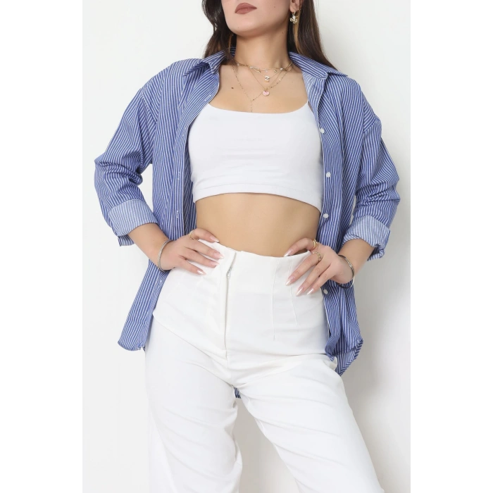 Pamuk Polyester Çizgili Oversize Gömlek Koyumavi - 51052.147.