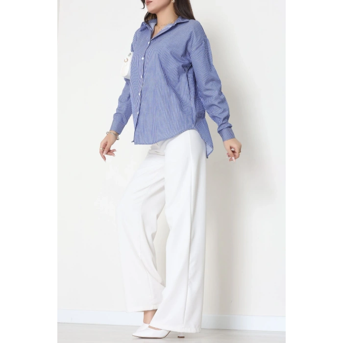 Pamuk Polyester Çizgili Oversize Gömlek Koyumavi - 51052.147.