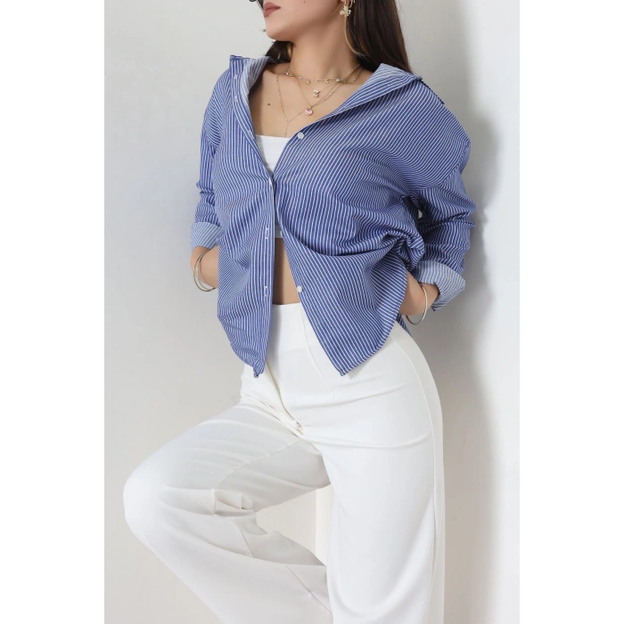 Pamuk Polyester Çizgili Oversize Gömlek Koyumavi - 51052.147.